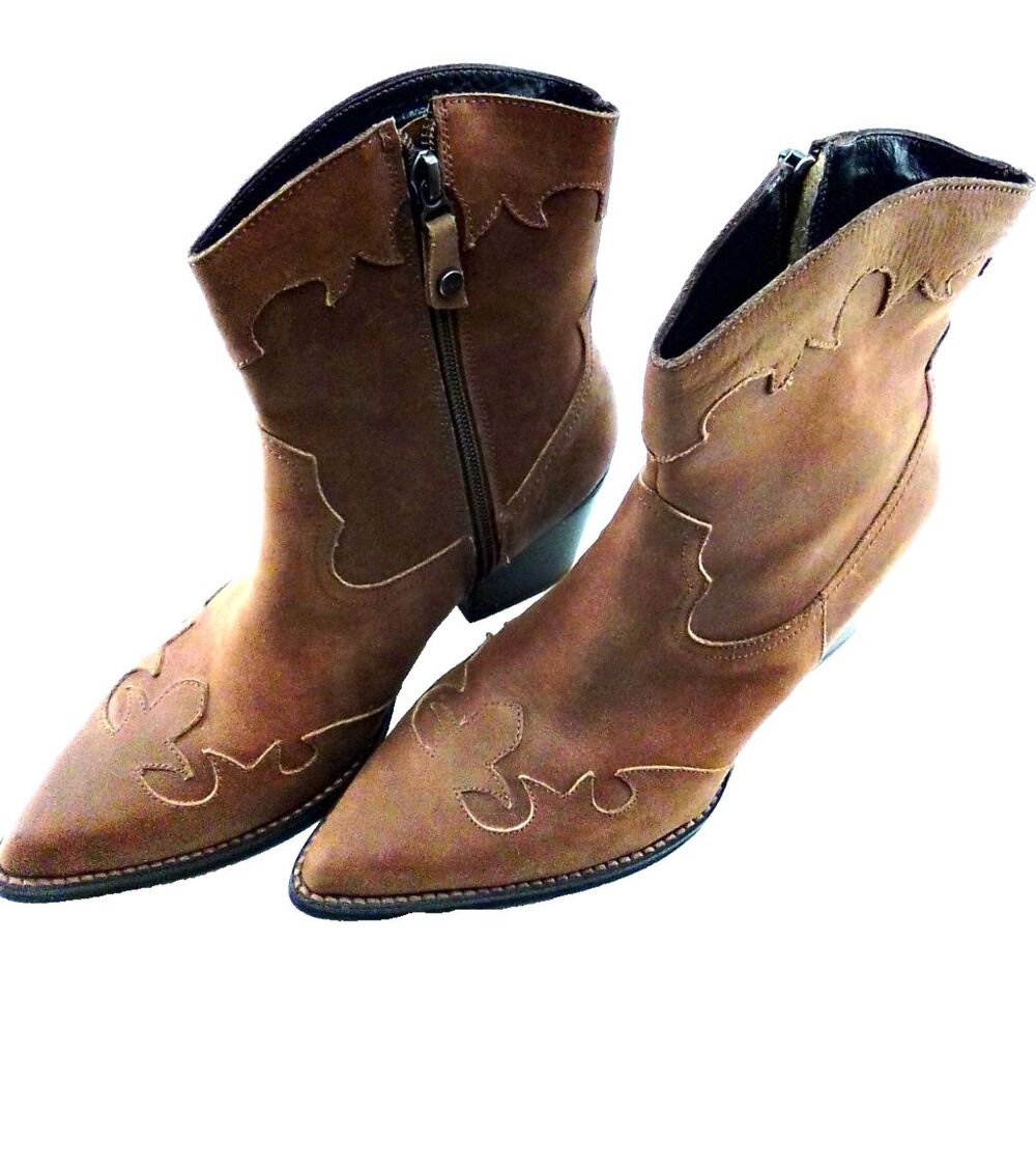 Bosi Women's Western Tan Pointy Toe Zipper Close Fat 2'' Heel Ankle Boots 38